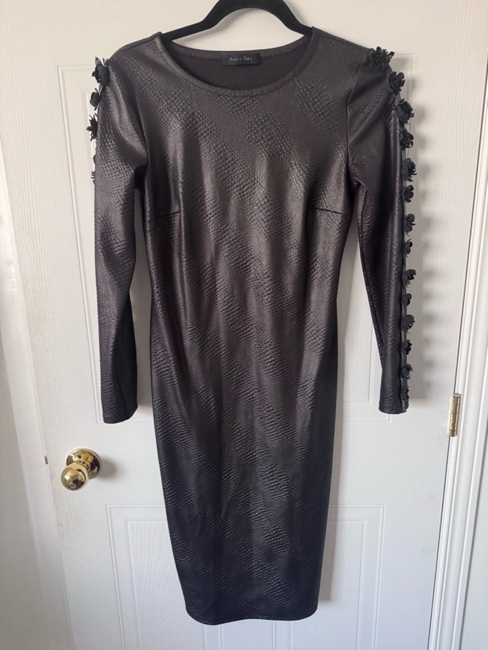 Black Long-Sleeve Bodycon Dress with Floral Sleeve Accents